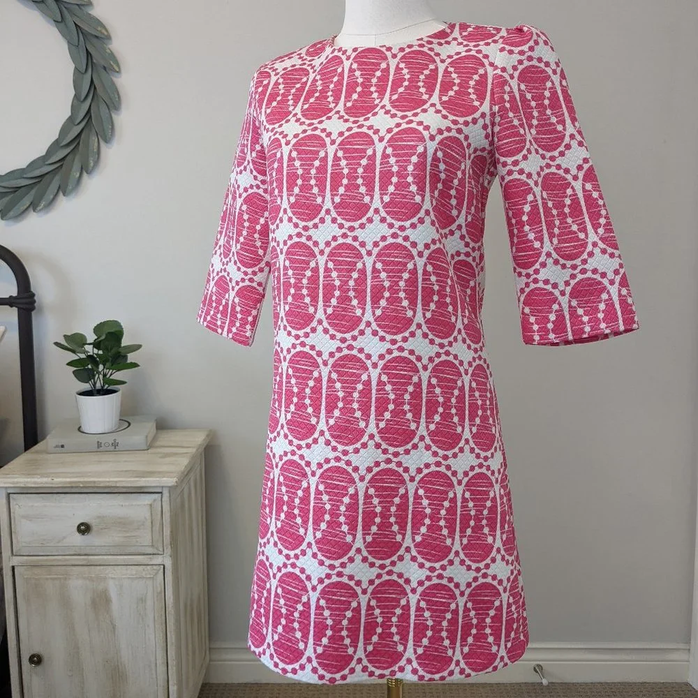 Pink & White Mini Dress - Size M - 60s/70s Vibes With More Modern Colours - Picture 1 of 5